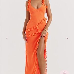 House of CB Orange Asymmetrical Ruffled Maxi Dress